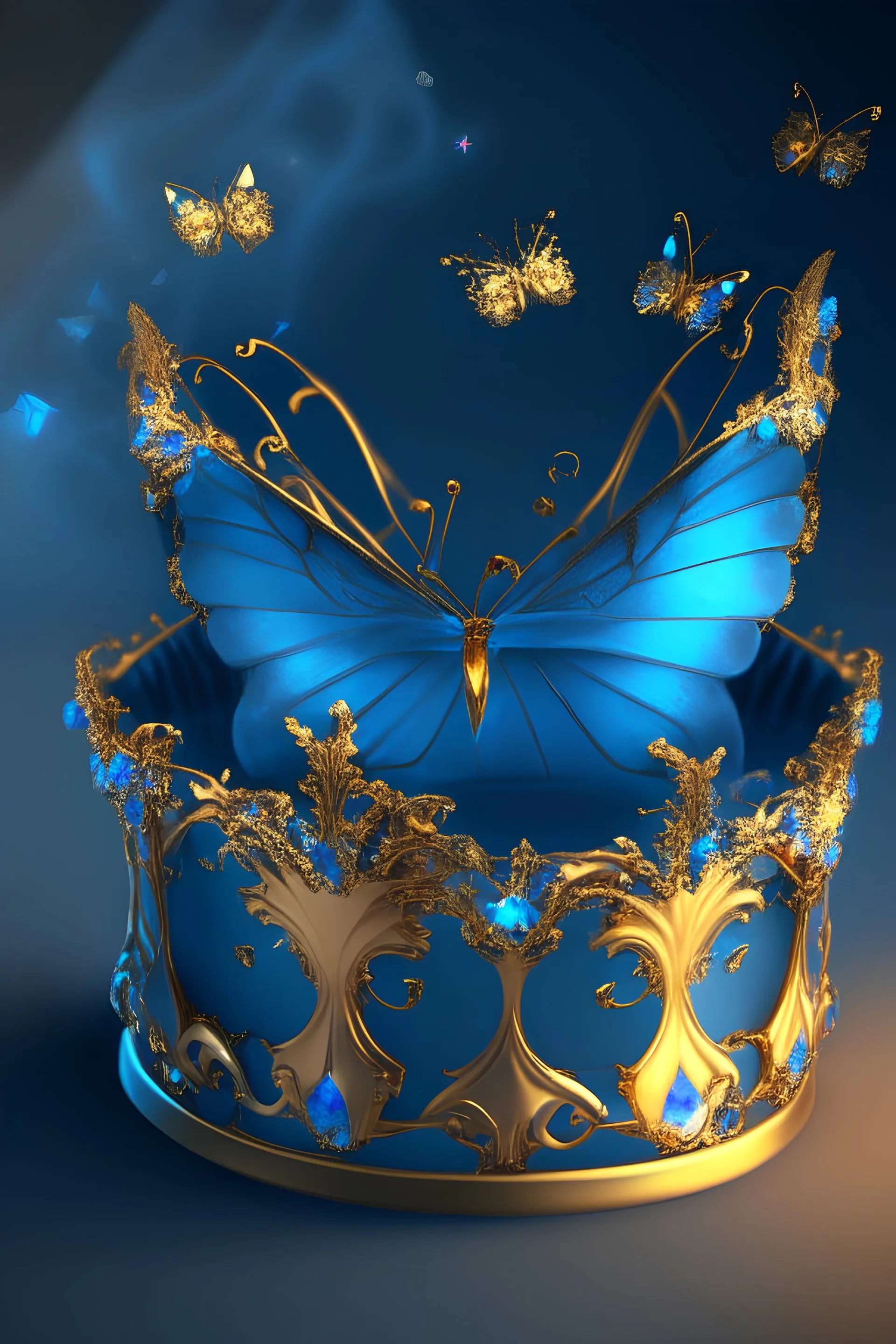Tiara of gold and blue diamonds,kept in a gold box, blue smoke around it, gold butterflies, realistic, cartoon, 8k resolution