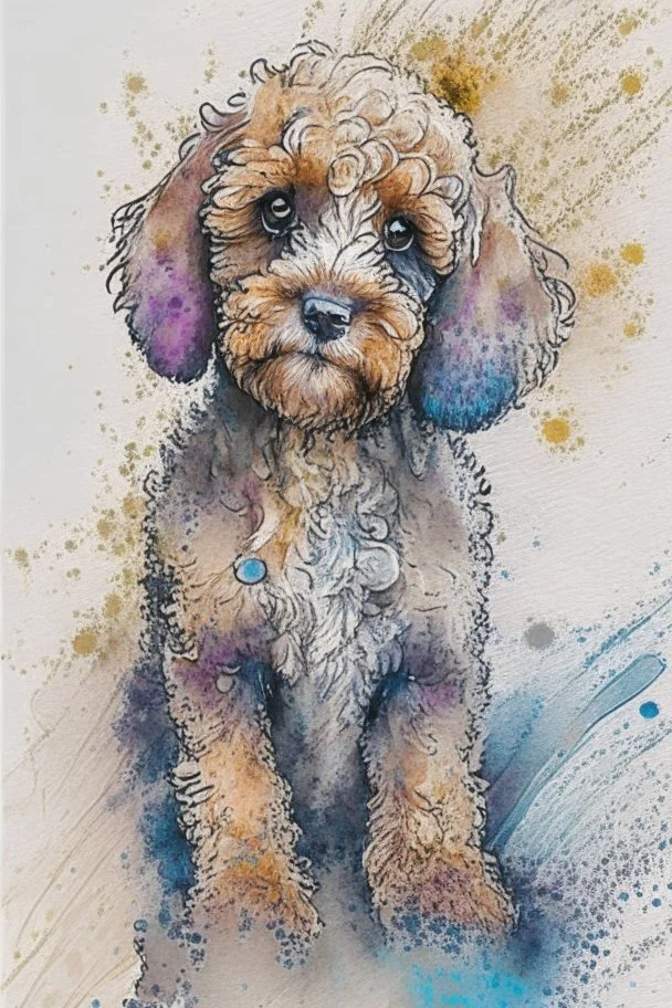 Abstract wet watercolour of a cockapoo, ink lines, splashy background detailed,focus on eyes, watercolour paper