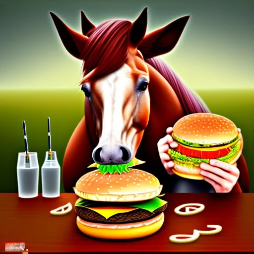 A horse eating a hamburger.