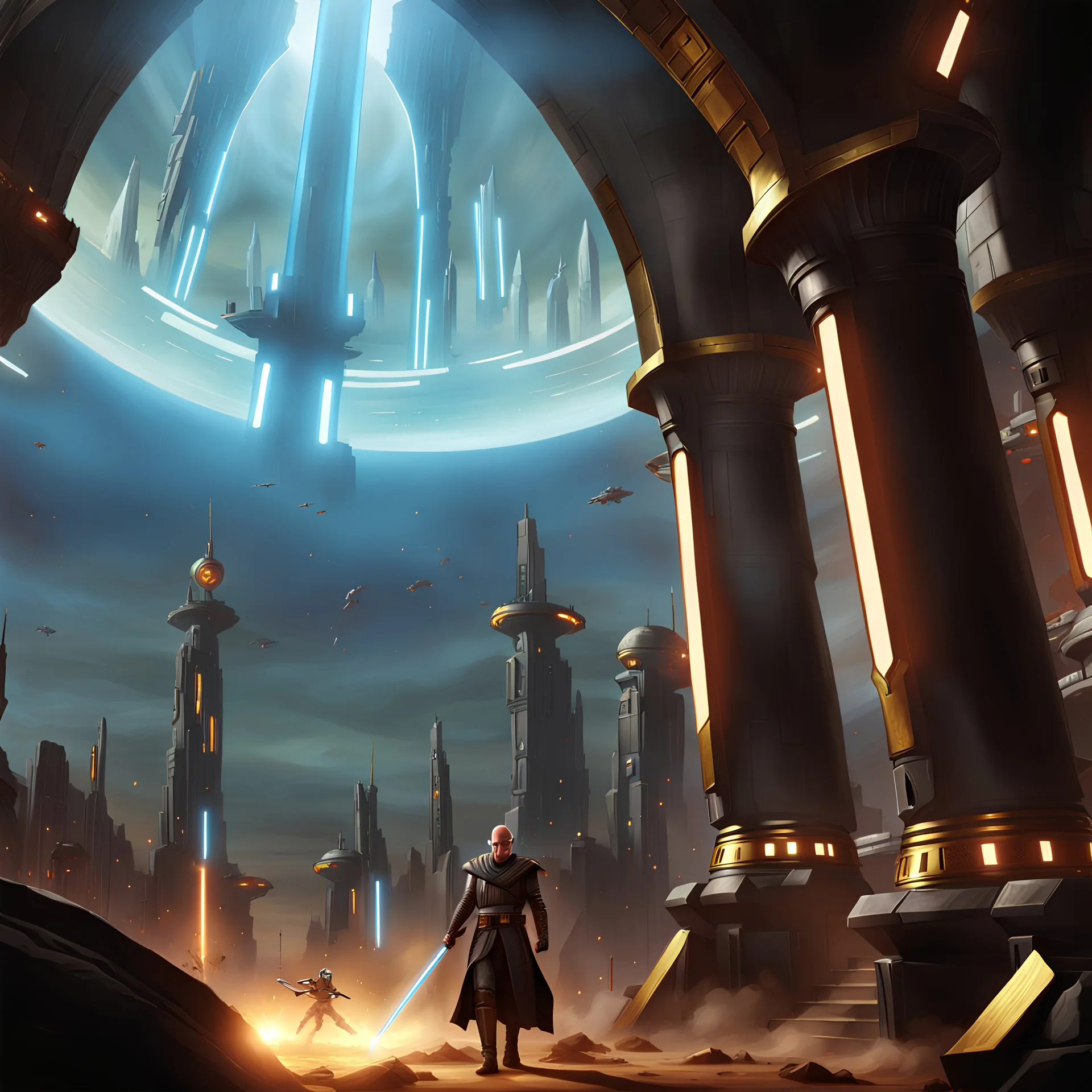 star wars bald male corellian jedi pilot wearing black and gunmetal grey old republic armored robes with gold trim, alone, battle-ready Jedi Master defending a ruined ancient city surrounded by golden light, centered head and shoulders portrait, hyperdetailed, dynamic lighting, hyperdetailed background, 8k resolution, volumetric lighting, light skin, fully symmetric details