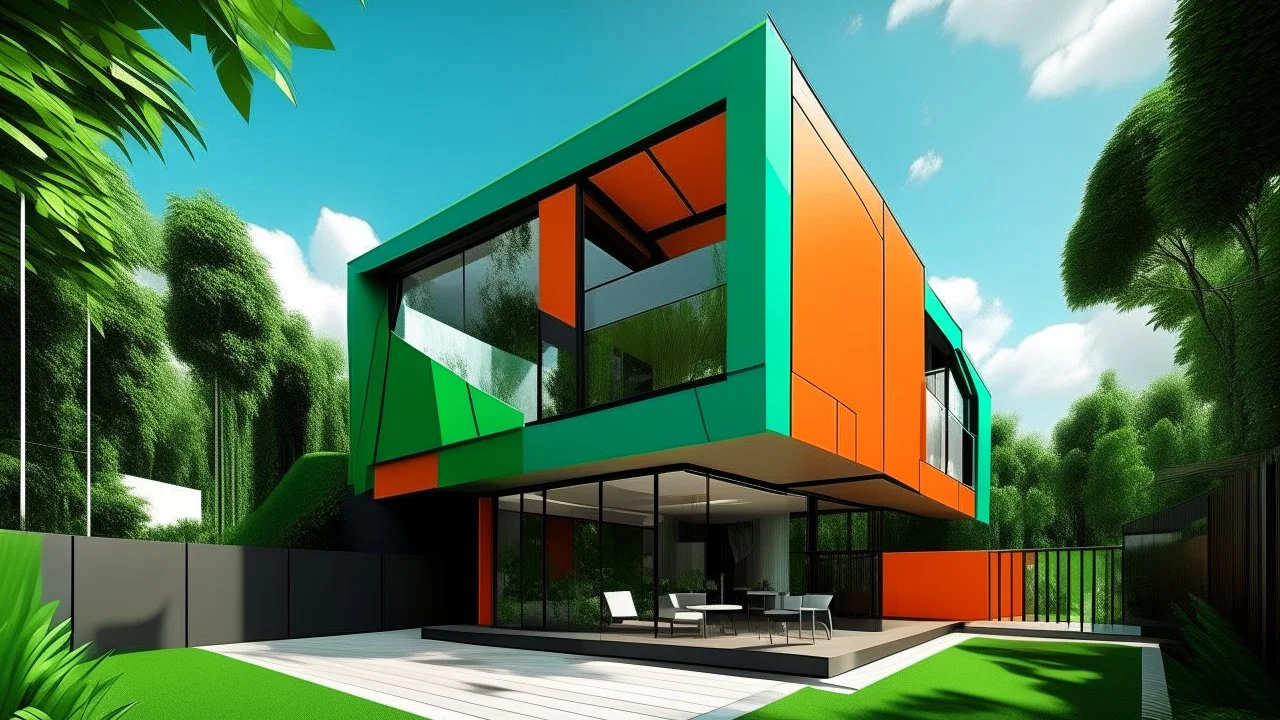 A vibrant single-family home stands out against a lush green backdrop. Its exterior is a playful patchwork of: Emerald green panels, Tangerine orange sections, Sky blue accents. Black steel beams form a striking geometric structure, framing large windows and creating an artistic, modern silhouette. Airy white fabric awnings gently billow in the breeze, softening the angular architecture. These airy elements provide shade over: A wide wooden deck. In the foreground, a natural-looking pond reflect