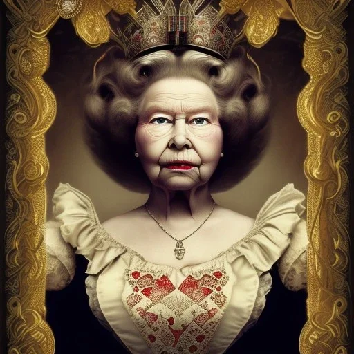 "Queen of Hearts"fat old woman book character of "Alice in the wonderland".Detailed face,detailed Queen of Hearts, detailed eyes, Realistic lighting,elegant dress disney style,sarcastic smile. baroque, intricate patterns, fractalism.style by Disney,Chie Yoshii,earnst haeckel,james jean.