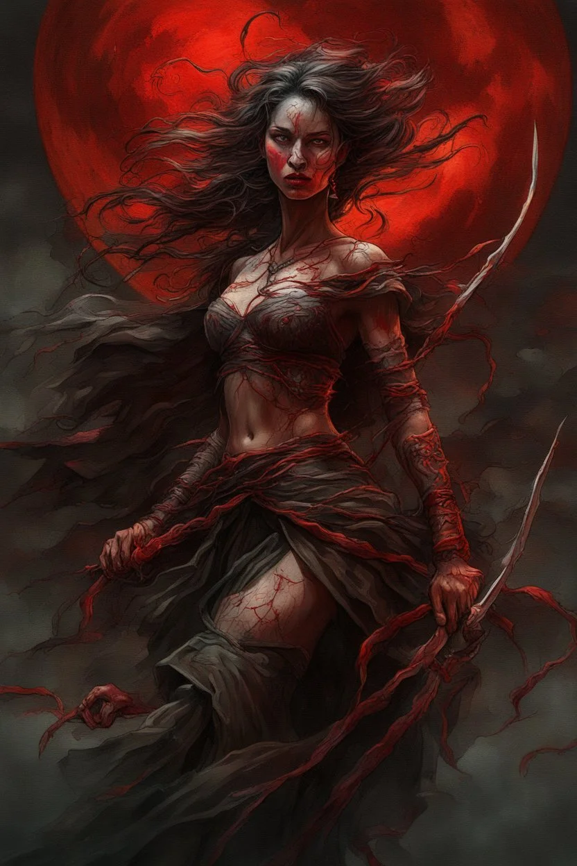 A dramatic digital painting portraying a warrior-girl and horror monster under the Red Moon, veins pulsing, claws of temptation visible, soul in turmoil. , vivid colors, swirling brushstrokes, highly detailed, 8k resolution, surrealistic., juicy emotions, painting, gloomy fantasy, gloomy day, dark world, portrait, oil and graphite, wide strokes, a weaving frame around, by Ryohei Hase, Agnes Cecile, Raymond Swanland, Anne Bachelier