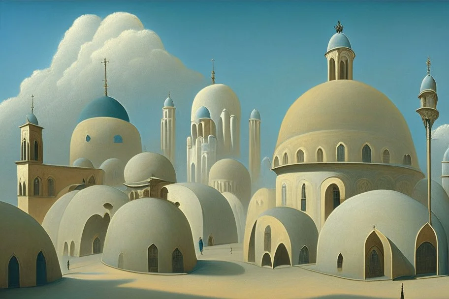 A surreal town with arches and domes, clouds and with long shadows by artist "Berndnaut" and "Leonora Carrington" and "de Chirico"