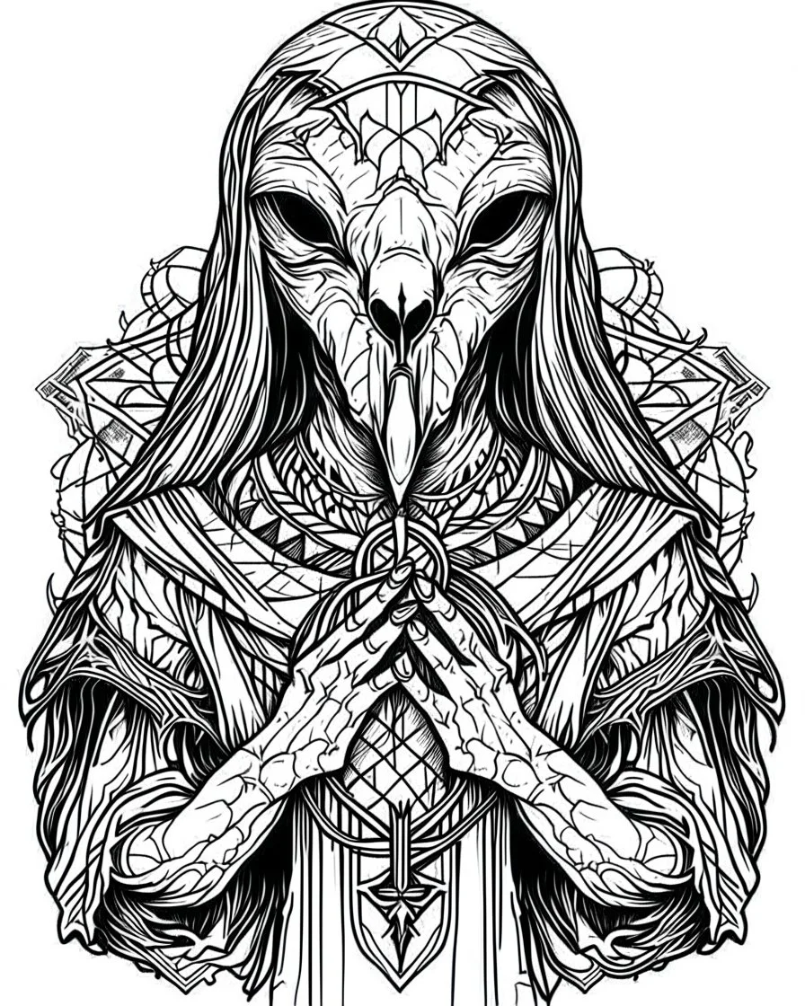 symmetrical raven tattoo, coloring book page, clean line art, adults drawing book, Black and white only, crisp black lines, sharp lines, coloring page for adults, black and white picture, lots of details, tattoo style,tattoo ideas, full body