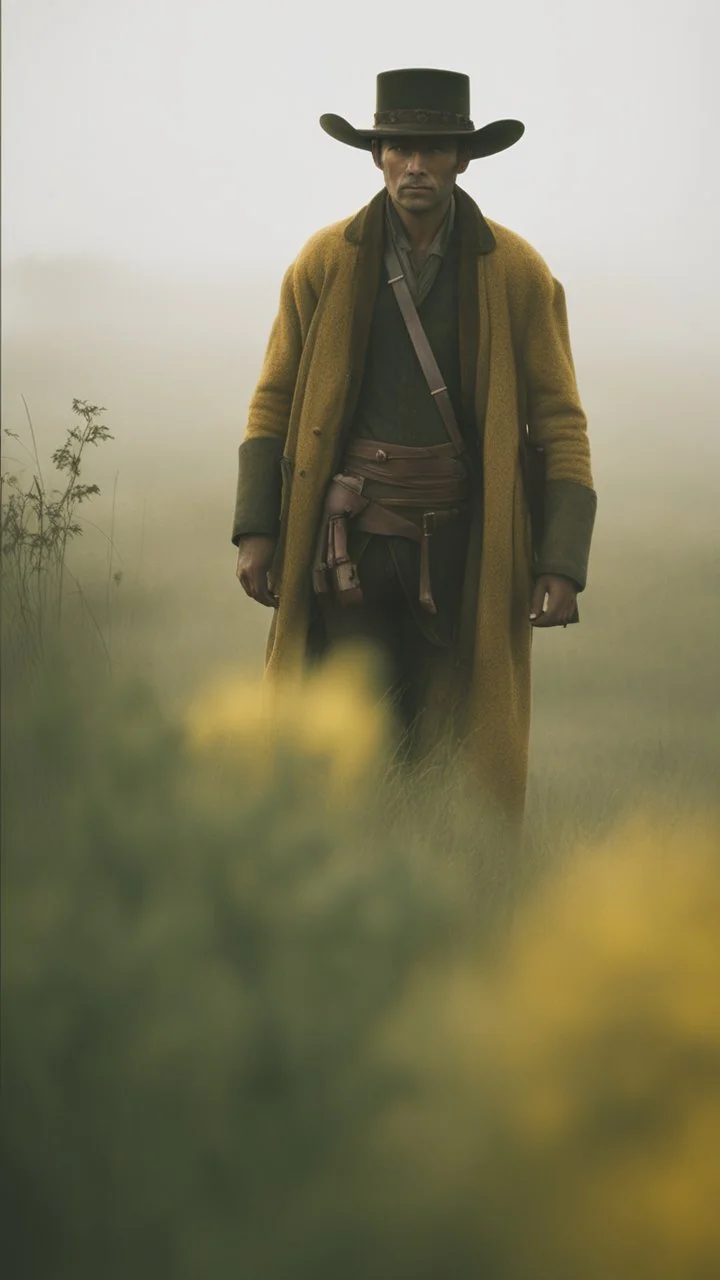 A lonely cowboy in the grassland, a foggy day film in the Wong Kar Wai style, foreground blur, distant view in the style of Wu Chen and George Hopper, Rembrandt lighting, a dark green and yellow color scheme, ethereal light. --ar 13:16 --v 6. 0