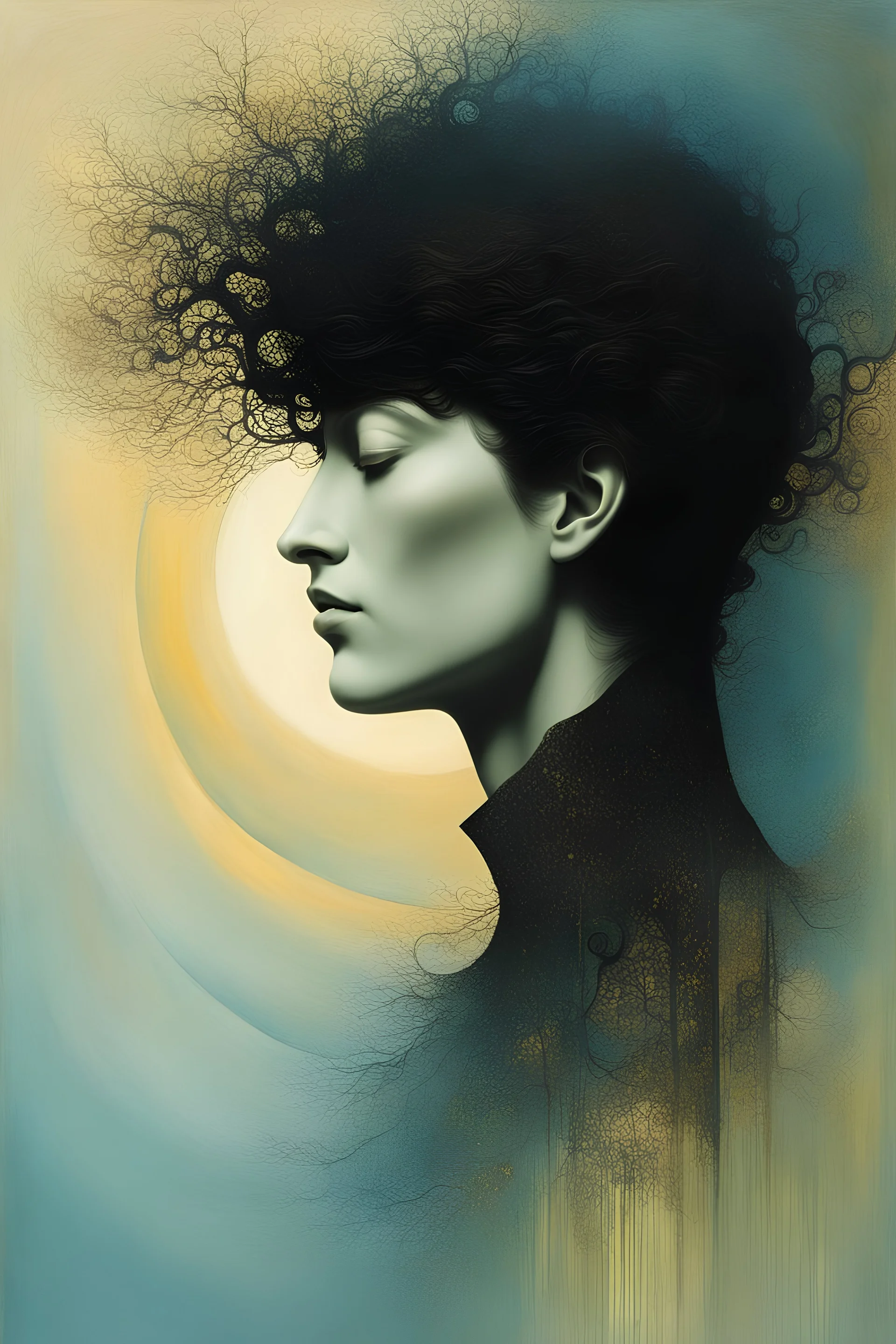 Masterpiece, full head in image, Abstract, left side silhouette, In the style of zdislaw beksinski, jean cocteau, Aubrey Beardsley,Naoto Hattori, accent soft color, Masterpiece