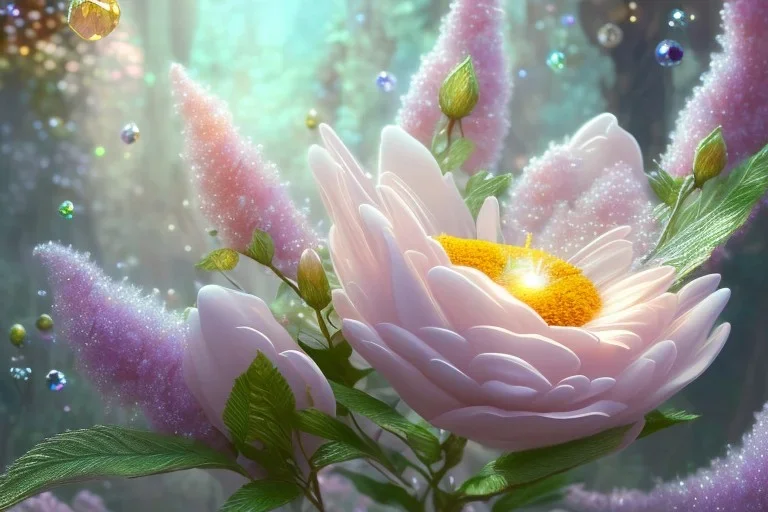 one big crystal subtle flower in a galactic ambiance, transparent petals, delicate colors, in the foreground, with a very little beautiful fairy, full of details, smooth, bright sunshine，soft light atmosphere, light effect，vaporwave colorful, concept art, smooth, extremely sharp detail, finely tuned detail, ultra high definition, 8 k, unreal engine 5, ultra sharp focus