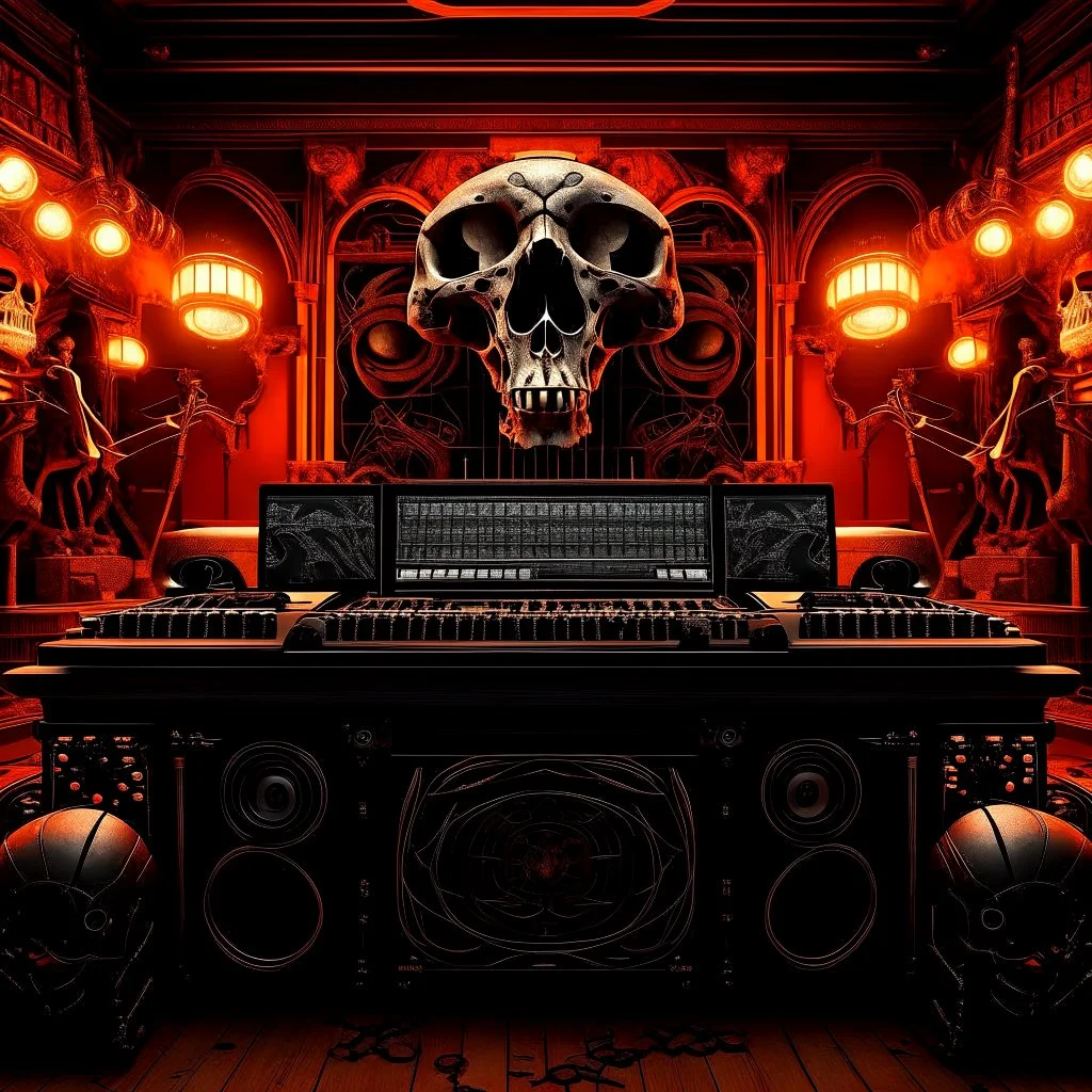 DJ of the damnded, insanely detailed DJ booth in hell, MID set, speakers and equipment made of bone, anatomically correct, add more skulls in th audience, photorealism, vray, 8k 3d