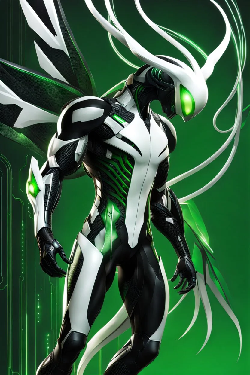 Cyborg symbiote, white color, green color, tendrils, high tech, cyberpunk, biopunk, membrane wings, carbon fiber, cyber tentacles, and the other two.