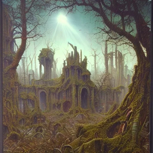 Hyperrealistic creepy landscape, odd, polaroid, Walton Ford, Max Ernst, 3d, sharp focus, noon light, bright colours, high resolution, very detailed, volumetric light, mist, grim, fine art, decaying, textured oil over canvas, very colorful, ornate