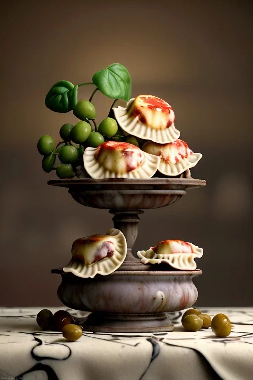 renaissance style still life composite, dish of Raviolis with cow meat, vine cup, olive oil. moisture, art, natural, ornaments, ceramic, marble, high kitchen, smooth, god rays, unreal engine 5, ray tracing, RTX, lumen lighting, ultra detail, volumetric lighting, 3d.