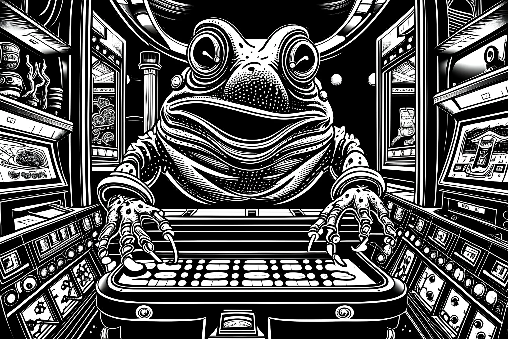 setting darkened glowing 1980s video game pinball machine arcade. an unlikely hero humble humanoid frog man. high contrast black & white imagery. mad magazine illustrations line drawings stylized comedic parody caricatures. photo accurate