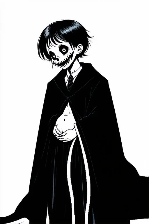 7 year old boy, necromancer, friendly, looks dead,with a long lamprey emerging from his belly , wearing black robes, with the lower body of a ghost in the style of Harry Clarke