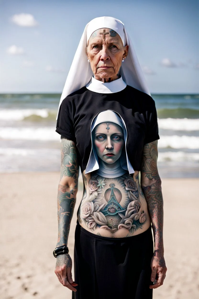 Tatooed nun on beach sweat