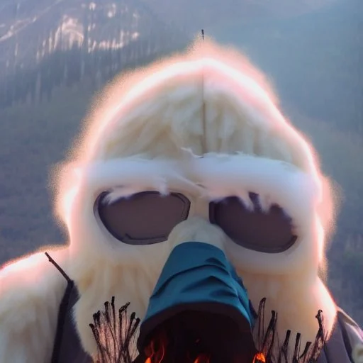 subject = (Yeti in a mask) background = (wildfires, flames, mountains, fires, smoke, disaster)