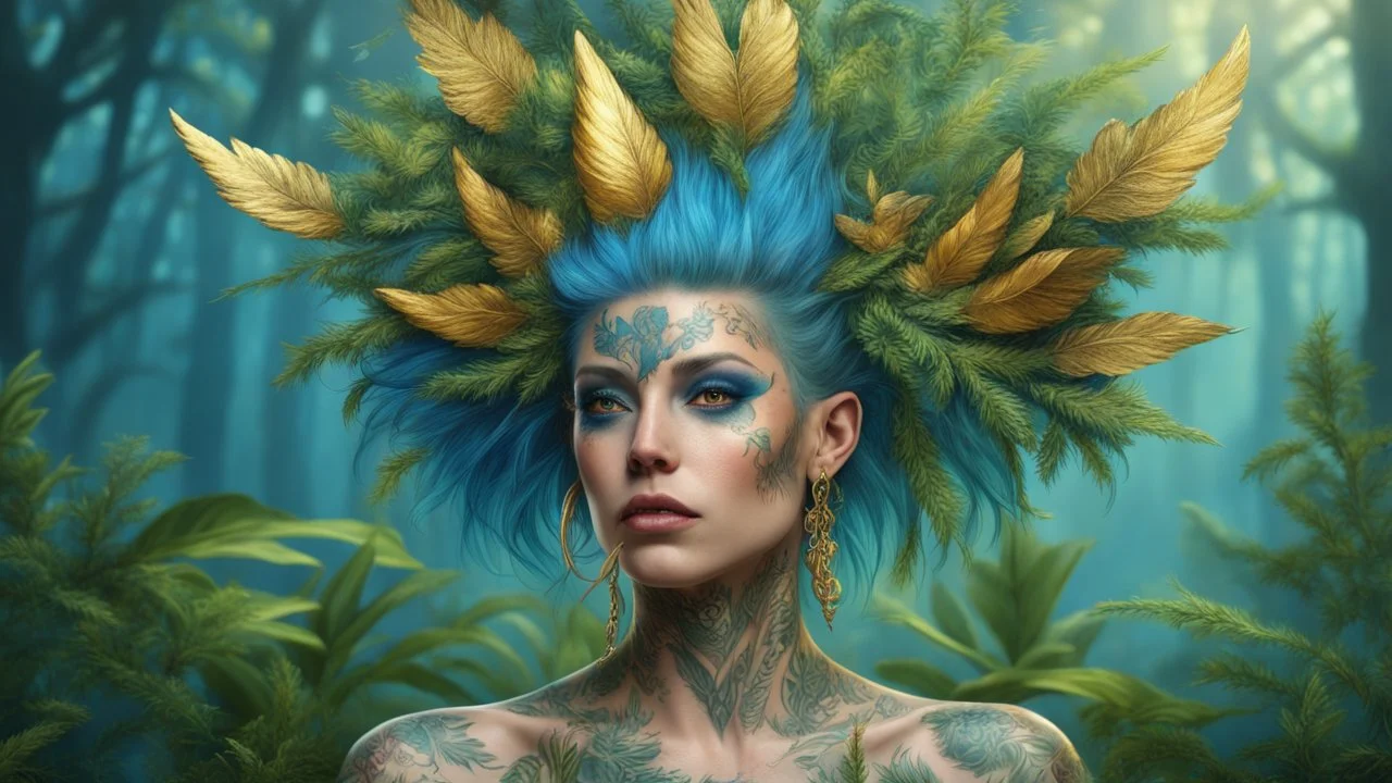 blue background, punk 45 years old, forest on the head, plant hair, green plants, golden birds, golden makeup, tattoo, shiny aura, very detailed, fine rendering, high detail, high resolution, 8K