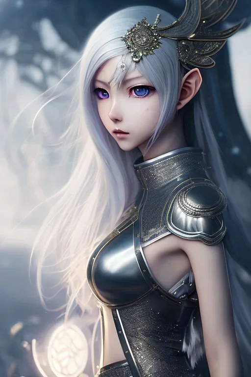 Detailed cute anime Kunoichi elf girl, silver hair, silver bangs, black latex bodysuit, intricate details, full body portrait, keep head in frame, slight smile, black Japanese motif, concept art, highly detailed, digital painting, concept art, sharp focus, illustration, art by Yoji Shinkawa, WLOP and greg rutkowski and alphonse mucha and artgerm and yanjun Chen and Junji ito and Makoto Shinkai, HDR, octane render