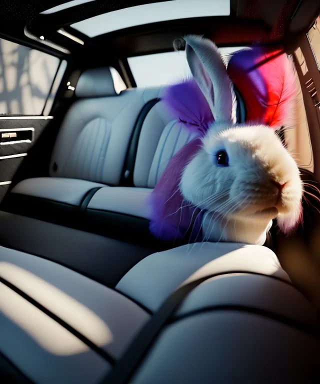 Ultra realistic back seat of limousine image, wide angle view, Alice woman and white rabbit man, many color balls, circus clothing, long hair, smoke, feather long coat, soft color, highly detailed, unreal engine 5, ray tracing, RTX, lumen lighting, ultra detail, volumetric lighting, 3d, finely drawn, high definition, high resolution.