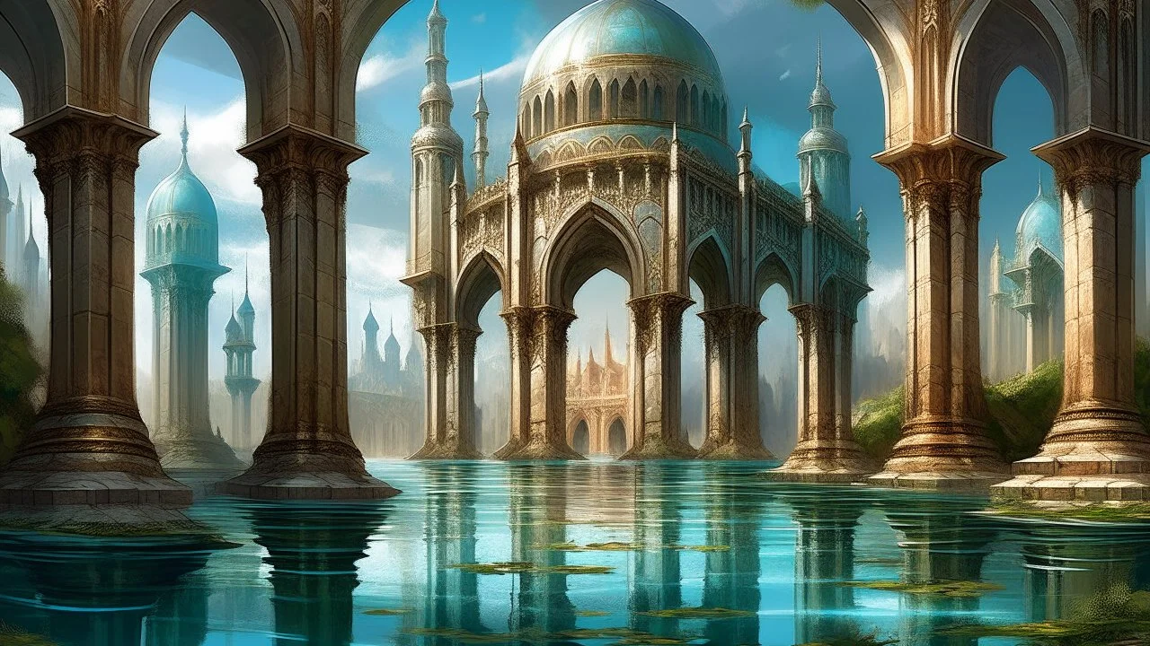 Echoing Shores is a bustling city of gleaming marble towers and grand archways, reflecting upon the still waters of the Whisperwind Lake, a mirror to its grandeur.