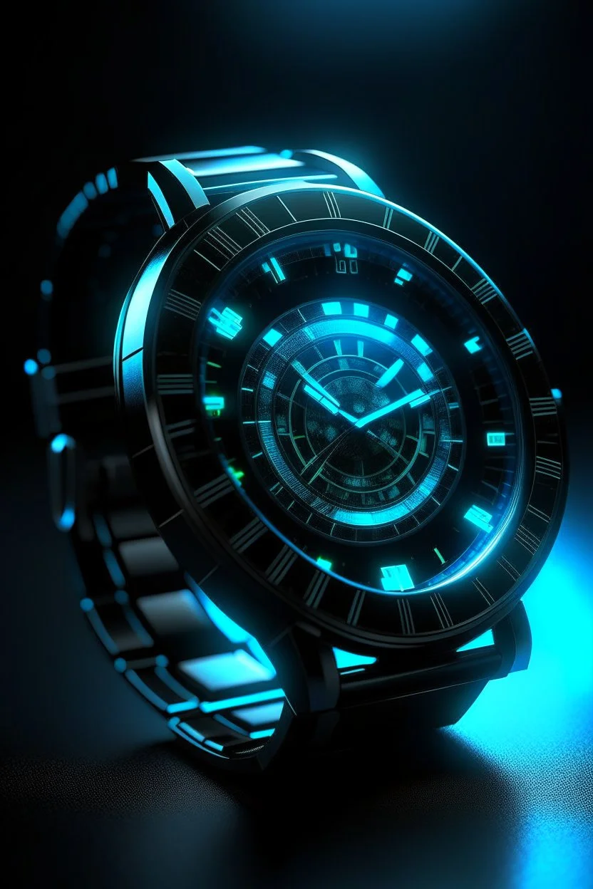 Generate an image of a frosted watch in a high-tech, futuristic environment. The watch should appear sleek and cutting-edge, with holographic displays and a cyberpunk aesthetic."