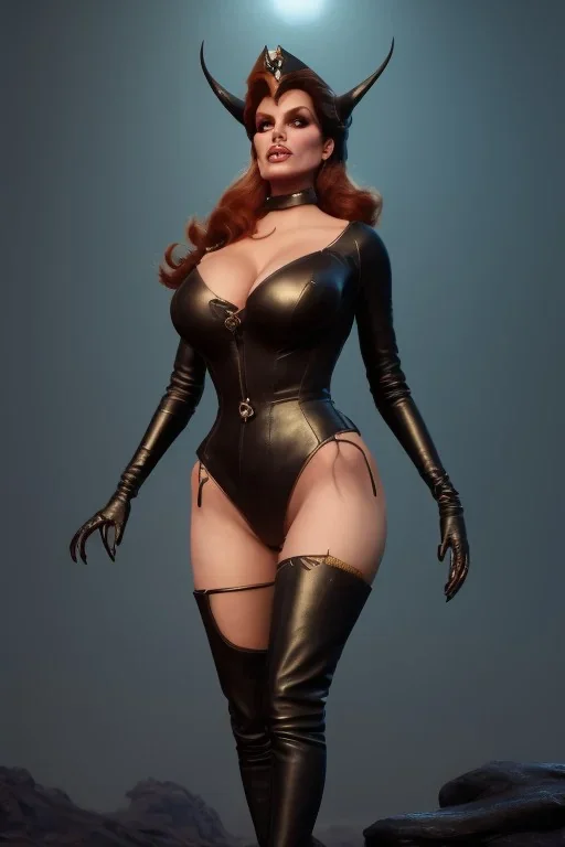 Raquel Welch as evil queen in black leather, leather, busty, cleavage, angry, stern look. character design by cory loftis, fenghua zhong, ryohei hase, ismail inceoglu and ruan jia. unreal engine 5, artistic lighting, highly detailed, photorealistic, fantasy