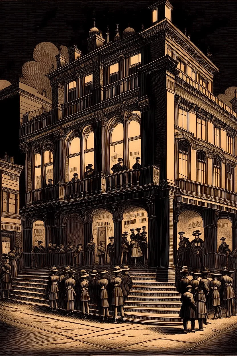 Create an atmospheric depiction of Ford's Theatre in Washington, D.C., on the evening of April 14, 1865. Capture the historical ambiance and the anticipation of the audience as they gather for the play "Our American Cousin