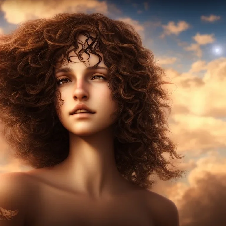 portrait, curly hair, woman, brown eyes, sunkissed, final fantasy, ethereal, 8k quality, highly detailed, galaxy sky, dynamic lighting, rdshift difusion, clouds