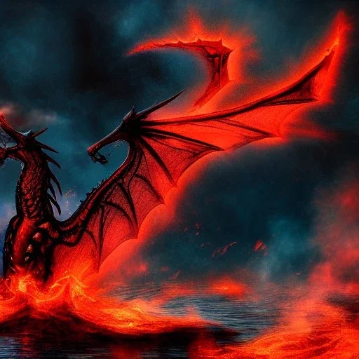 dragon flying with black, opaque scales, volumetric lighting, photo realistic, dark fantasy, dramatic, ferocious, spitting red hot fire out of it's mouth over the ocean with a erupting volcano that is leaking