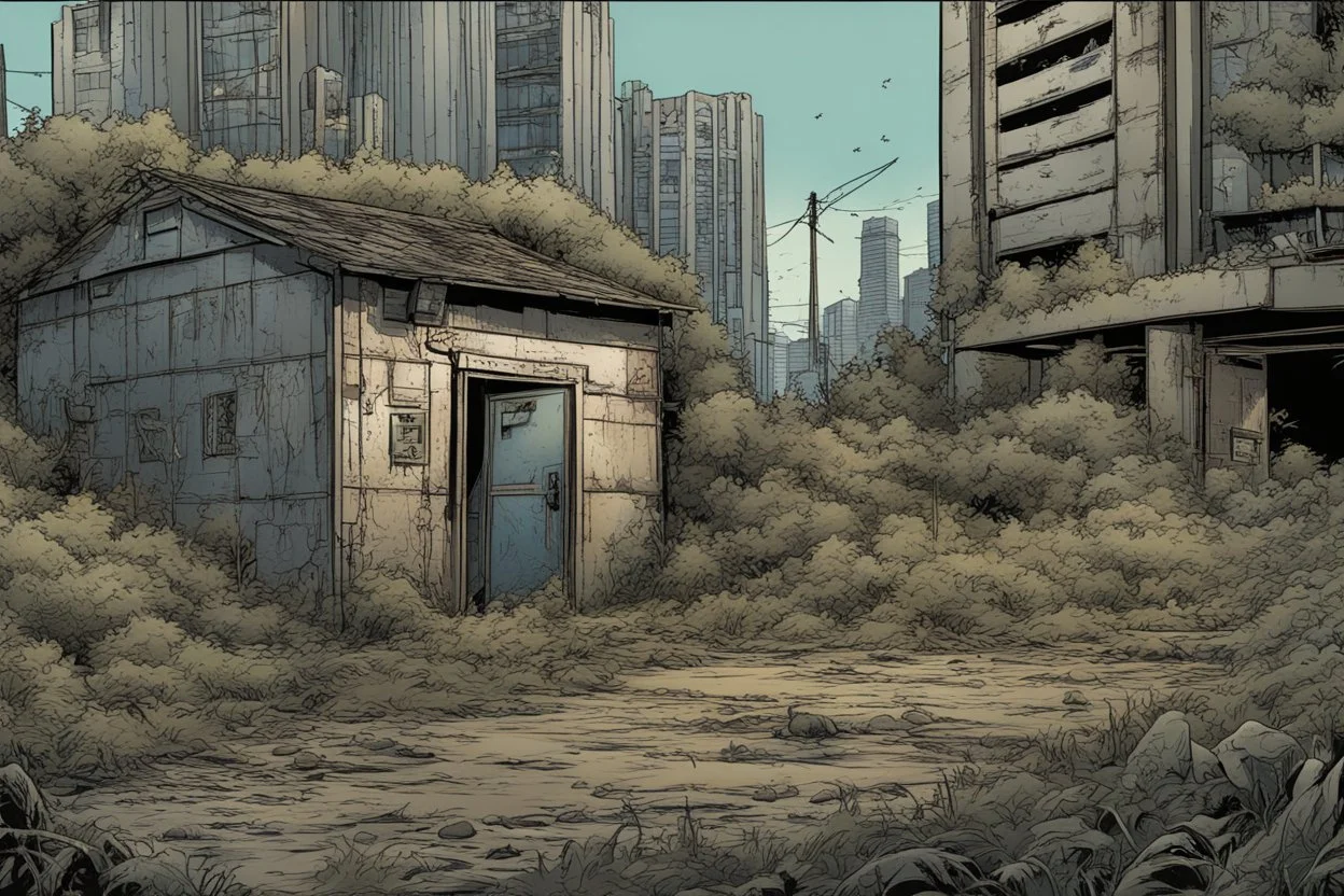 shed, overgrown apocalyptic city background, comic book,