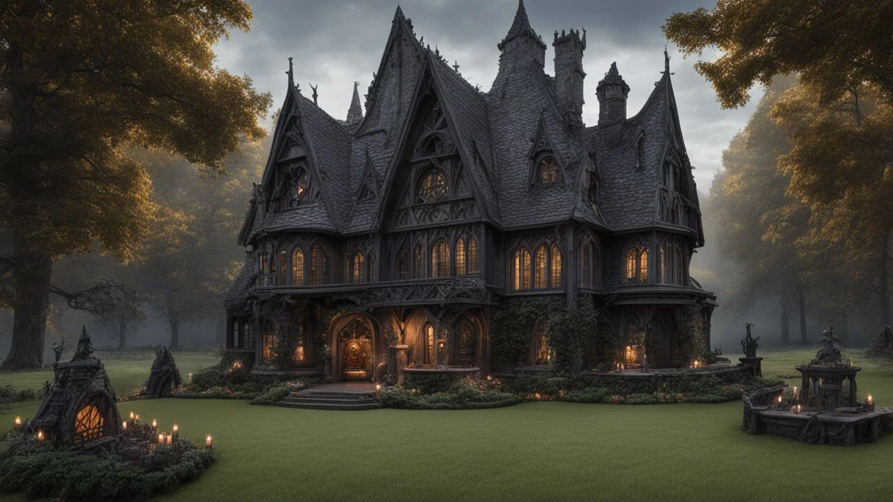 A gothic woodland house with a coven of witches dancing around a pentacle on a lawn in front of the house.