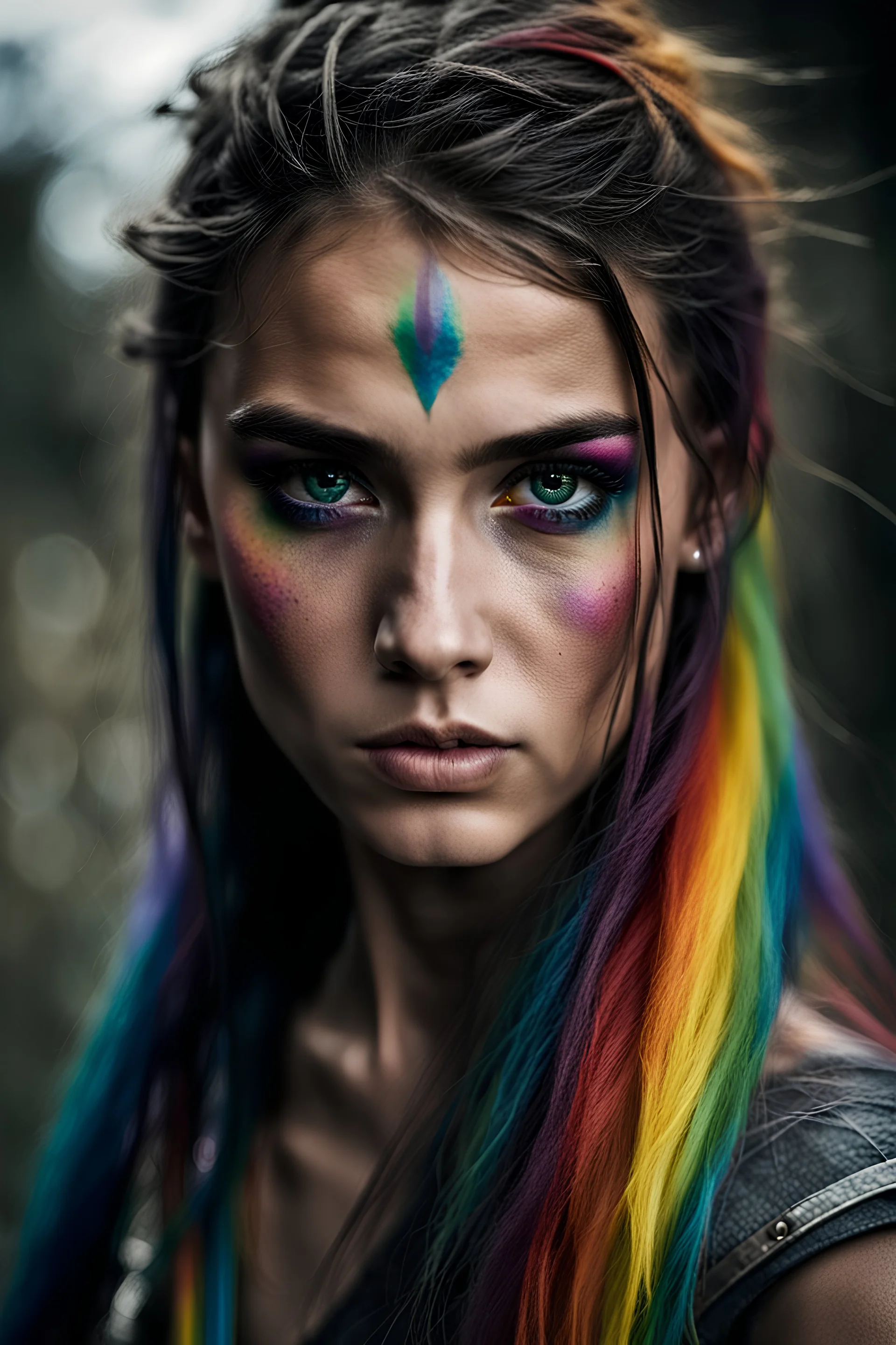 Photoreal gorgeous shot of beautiful girl with multi-colored eyes, warrior, strong, sad, resilient, vivid vertical rainbow on left side only forehead from hairline to eyebrow, long black tears below both eyes, full body, forgotten realms fantasy style by lee jeffries, otherworldly creature, in the style of fantasy movies, shot on Hasselblad h6d-400c, zeiss prime lens, bokeh like f/0.8, tilt-shift lens, 8k, high detail, smooth render, unreal engine 5, cinema 4d, HDR, dust effect, vivid color