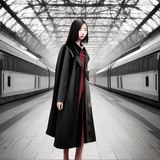 A young Asian woman with long hair and a black trench coat waiting for her lover at a train station in Paris