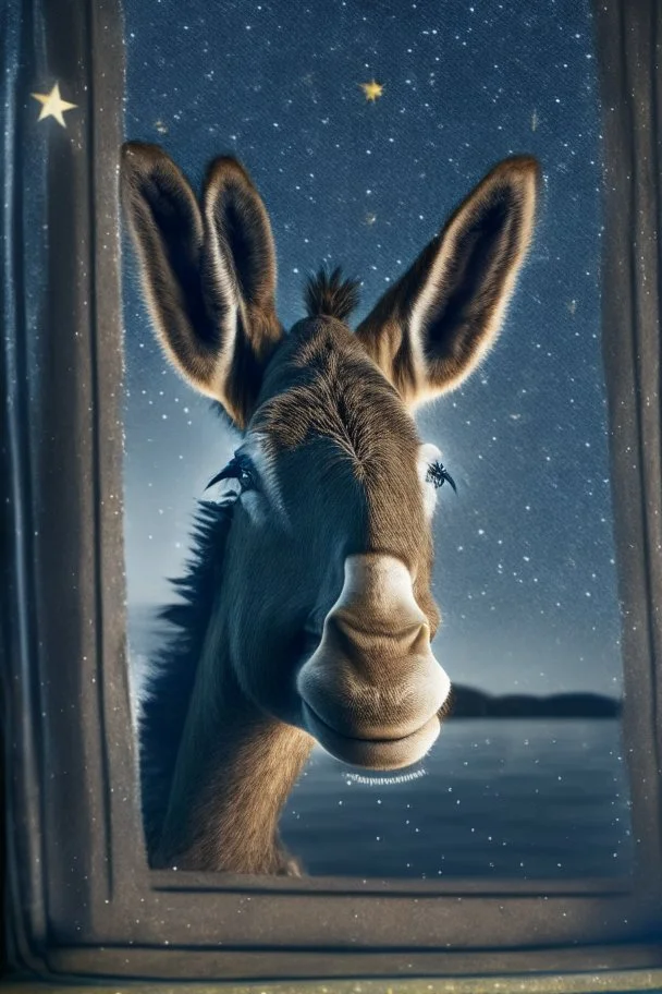 smiley donkey portrait with background star field seen in the window of a boat, 4 k, trending art, depth of field, high detail, high contrast