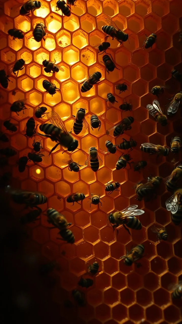 Bosch nightmares paining style Title:a bees inside a Honeycomb , 8k artistic photography, photorealistic concept art, soft natural volumetric cinematic perfect light, chiaroscuro, award-winning photograph, masterpiece, oil on canvas, Raphael, Caravaggio’s, Greg Rutkowski, people, beksinski, Giger