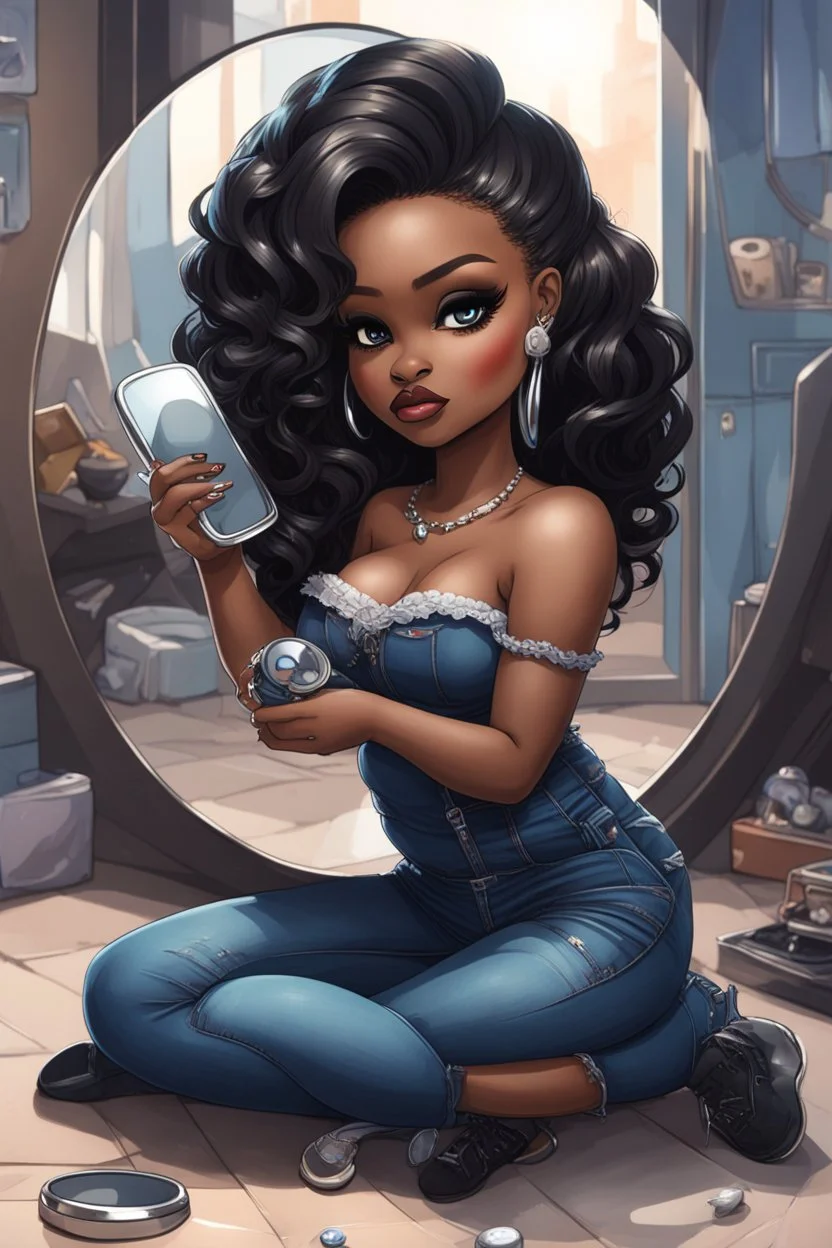 Create a futurism magna art of a black chibi curvy female sitting on the floor looking at herself in a hand mirror. She is wearing tight blue jeans and a black off the shoulder blouse. Prominent make up with lush lashes. Highly detailed long wavy hair. She is also wearing silver large hoop earringsart of a black chibi curvy female sitting on the floor looking at her cell phone. She is wearing tight blue jeans and a black off the shoulder blouse. Prominent make up with lush lashes.