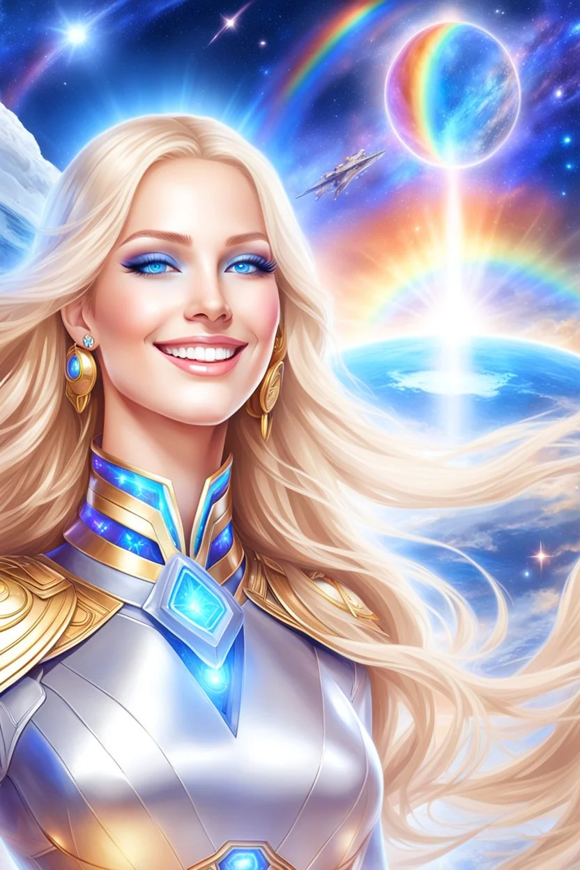 cosmic woman smile, admiral from the future, one fine whole face, crystalline skin, expressive blue eyes,rainbow, smiling lips, very nice smile, costume pleiadian, Beautiful tall woman pleiadian Galactic commander, ship, perfect datailed golden galactic suit, high rank, long blond hair, hand whit five perfect detailed finger, amazing big blue eyes, smilling mouth, high drfinition lips, cosmic happiness, bright colors, blue, pink, gold, jewels, realist, high commander