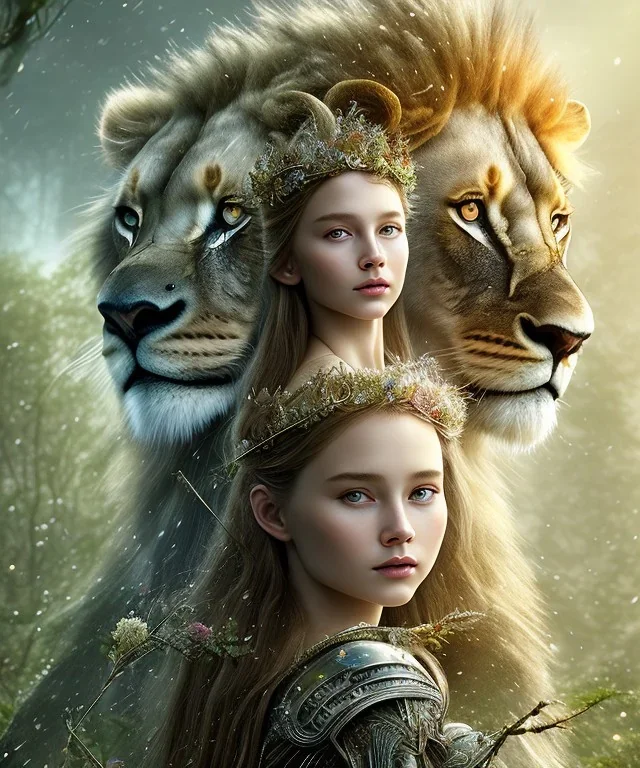 Young beautiful girl wearing floral crown and standing next to a stunning lion on nature forest path, Chronicles of Narnia, 8k resolution, high-quality, fine-detail, iridescent, intricate, digital art, detailed matte, volumetric lighting, beautiful, illustration, 3D octane render, brian froud, howard lyon, selina french, anna dittmann, annie stokes, lisa parker, greg rutowski,