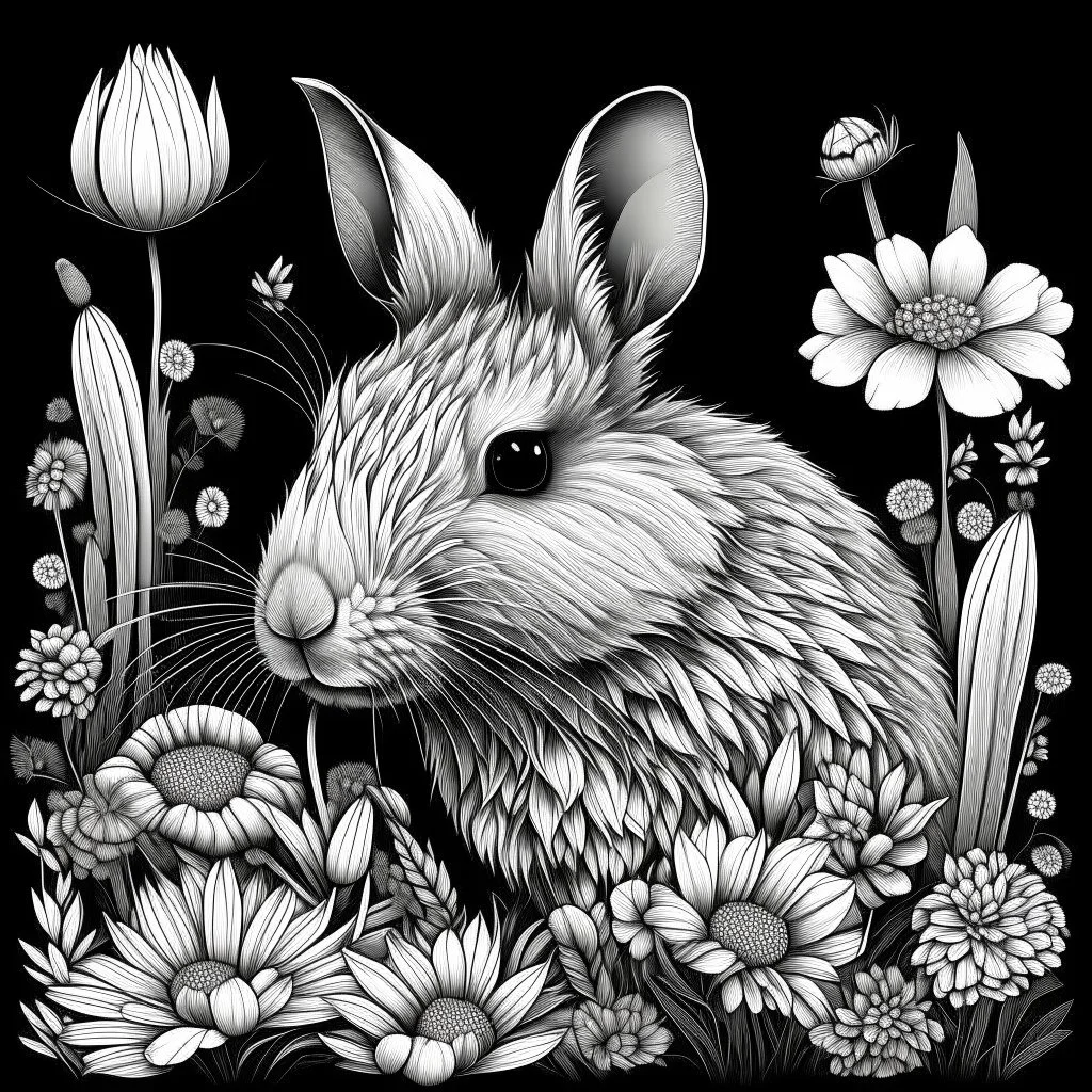 black and white Patagonian Mara between seeds and big flowers black background. for a coloring. with grayscale