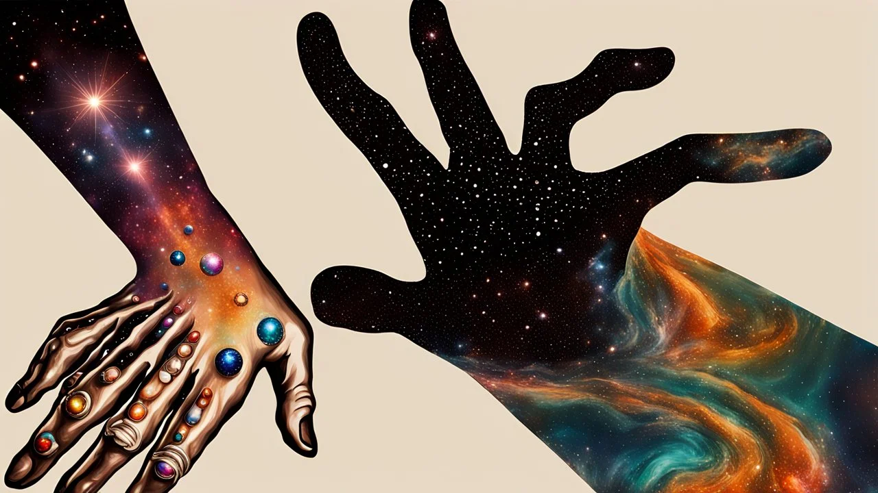 anamorphism trompe l'oeil hyperspace jeweled giant hand modelling a galaxy