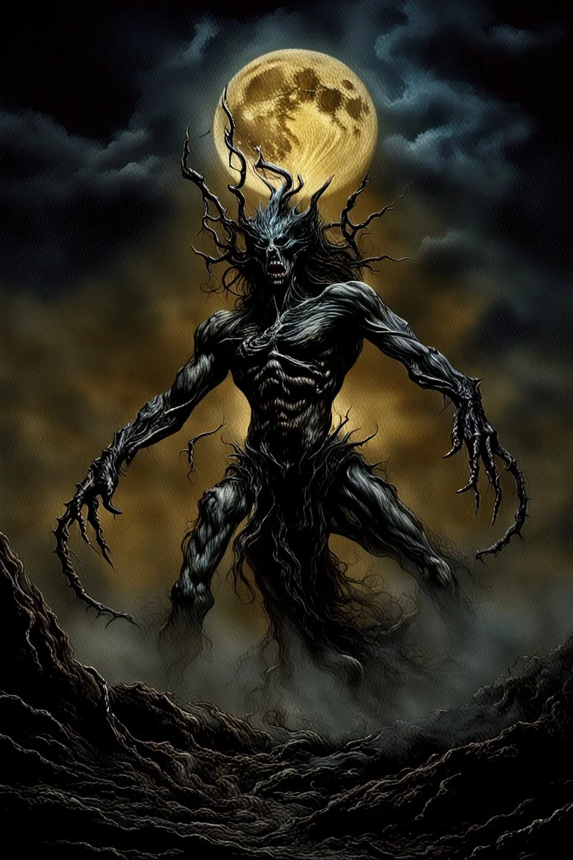 A dramatic digital painting portraying a horror monster under the Moon, veins pulsing, claws of temptation visible, soul in turmoil. In the style of Luis Royo and Boris Vallejo and Giger and Ridley Scott, vivid colors, swirling brushstrokes, highly detailed, 8k resolution, surrealistic., juicy emotions, painting, gloomy fantasy, gloomy day, dark world, portrait, graphite, wide strokes, a weaving frame around, by Ryohei Hase, Agnes Cecile, Raymond Swanland, Anne Bachelier