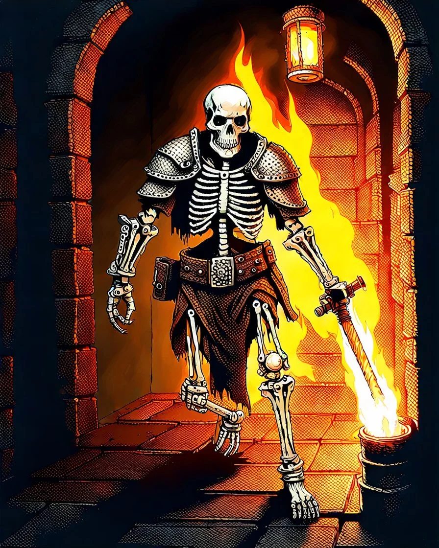 A frightening castle dungeon hallway with a skeleton warrior in rusty chainmail holding a burning torch painterly rpg art