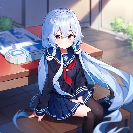 Clear focus, High resolution, long fluffy light blue hair, hair between eyes, long locks, wearing a sailor uniform, wearing a sailor skirt, long black socks, 1girl, cartoon, cute, UNFOTABLE studio, red tie, sitting, outside setting, nothing infront of character, sitting on floor