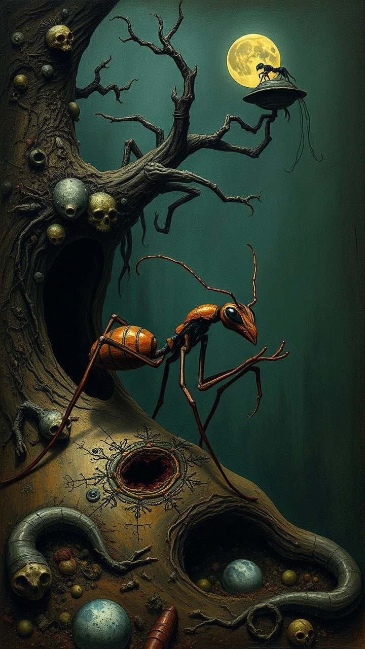 Hieronymus Bosch style nightmares ,an ant playing