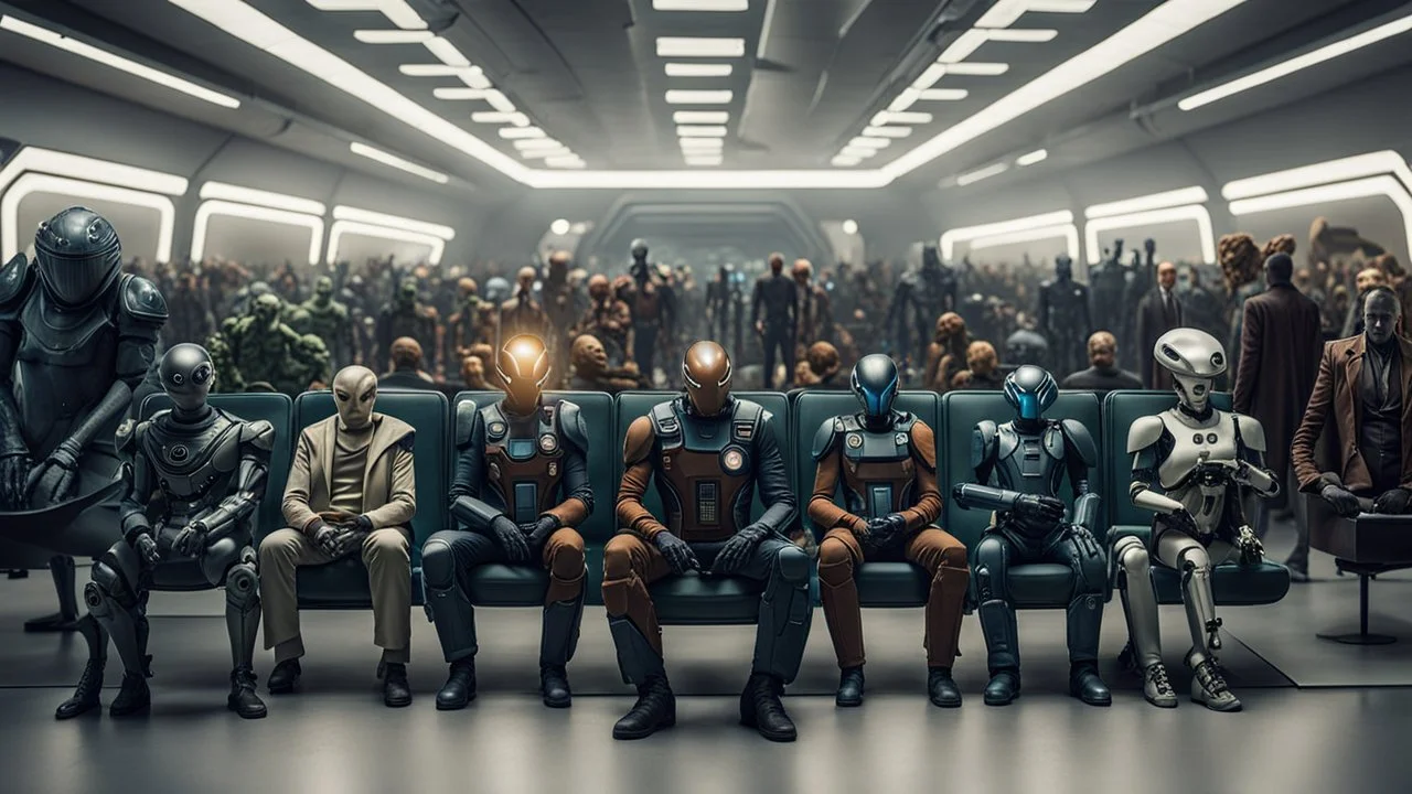 photo from the futuristic waiting room of a studio, a large crowd waits in a giant room. the aliens mutant humans, strange fantastical creatures, droids, and a few human-like beings of all sizes, colors, shaped and looks, stand in the crowd. high detalied, sharp focus, photorealistic, sci-fi style Professional photography, bokeh, natural lighting, canon lens, shot on dslr 64 megapixels , hd