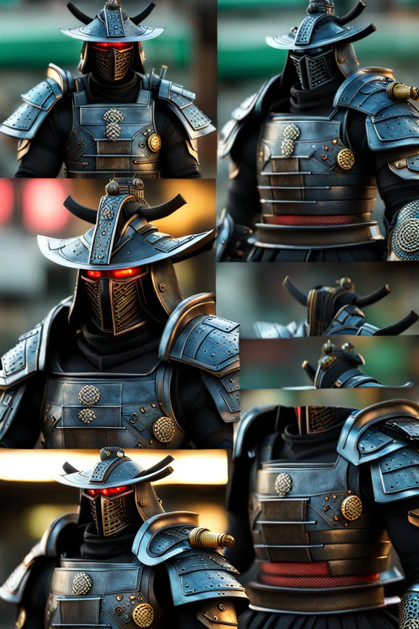 Fully armored cyberpunk samurai, photorealistic