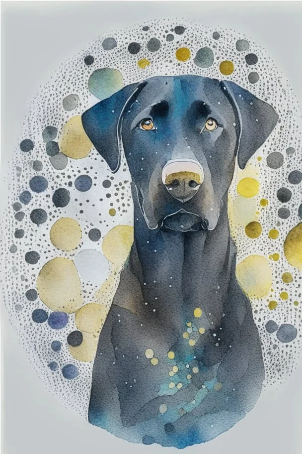 abstract watercolour of a black Labrador dog’s head in the style of Sabrina garassi with bifurcated circles