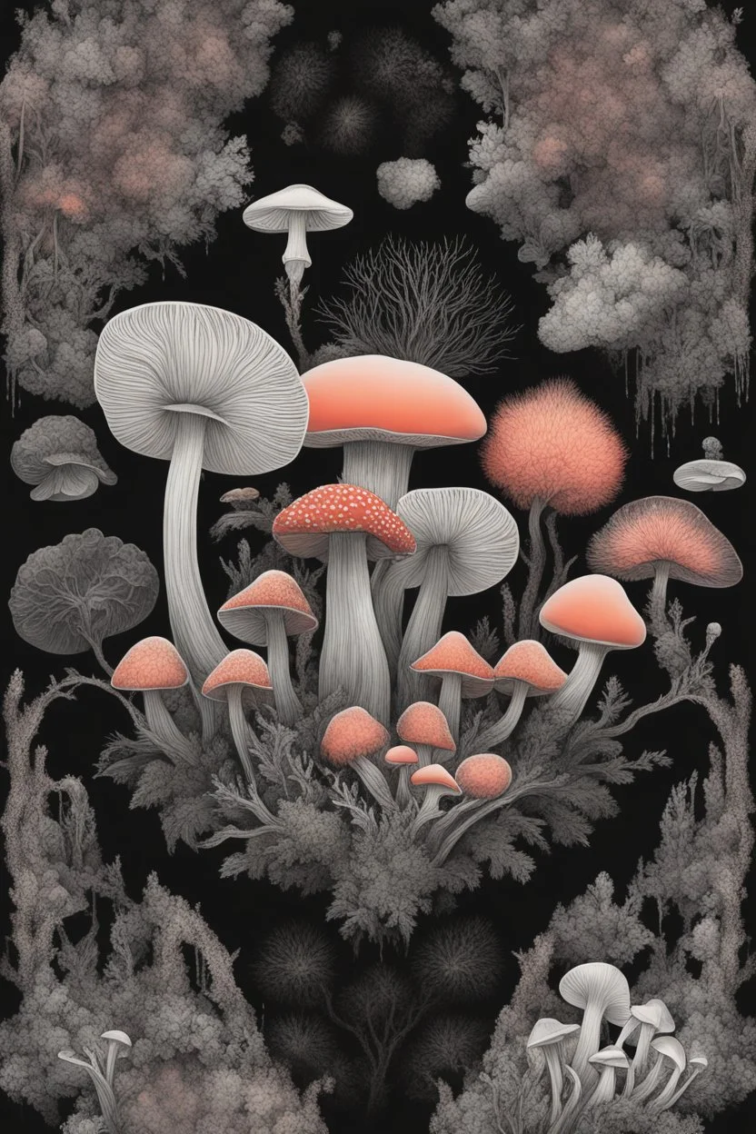 Exotic Flora, fauna, mushrooms, fungi and coral dripping black liquid in the Multiverse