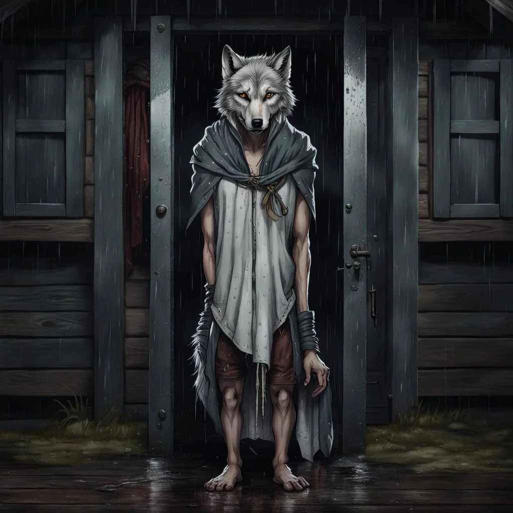 a short, thin very sad young gray hairbody anthropomorphic wolf female and wears a little with cloth around the waist stands in front of the camera in rain, an strong anthropomorphic wolf man stands behind the door in a wooden house, dark deep colors, sharp focus, rainy day, high contrast, high detail, atmospheric, dark fantasy, sci-fi