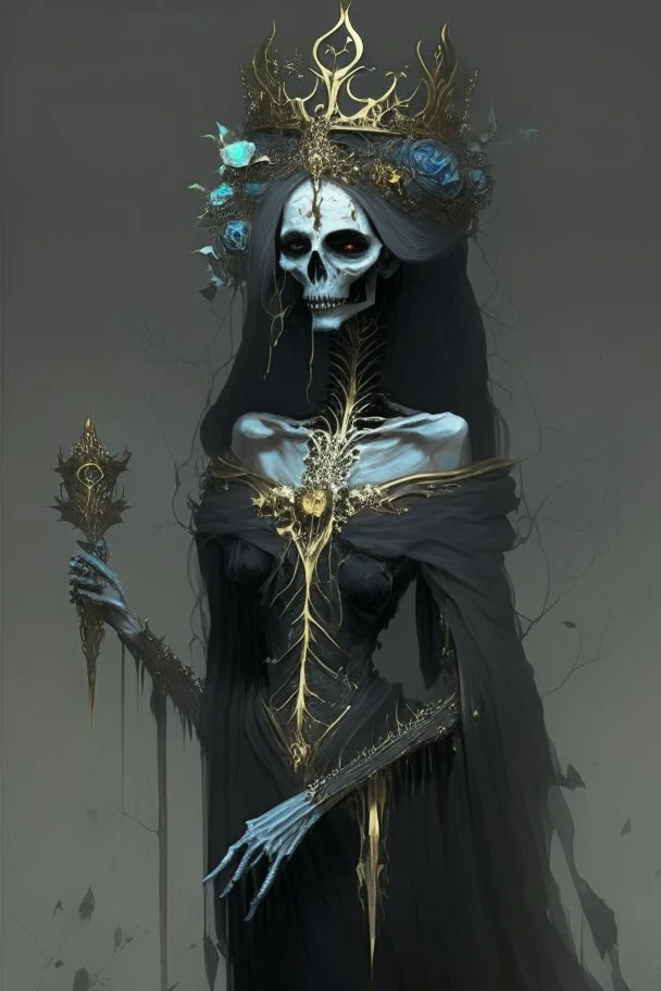 An ancient female lich, named Azura. She has a pale skeletal face, gaunt and colorless. Her head is wreathed in a gold crown adorned with black rosebuds, a thin smoke-like black veil blends into her long black dress. She wields a shadow covered blade.